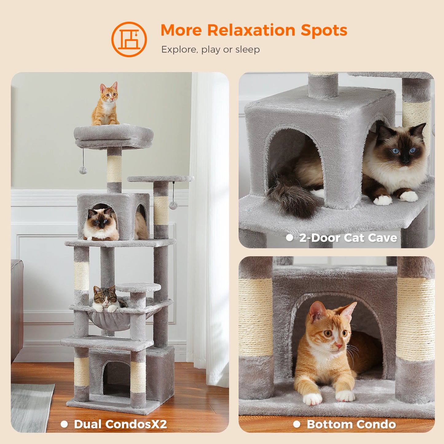 PAWZ Road „SkyLounge 184“ – XXL-Kratzbaum mit 8 Ebenen, Riesenhängematte/-bett, Sisalpfosten & Mega-Kuschelhöhle