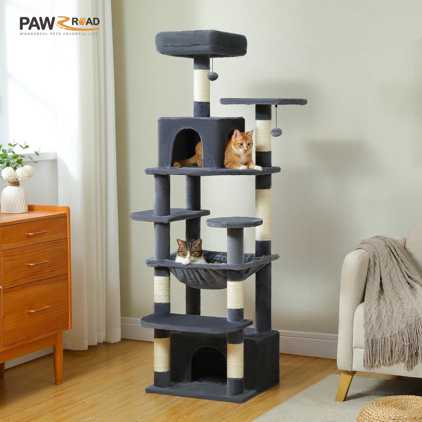 PAWZ Road „SkyLounge 184“ – XXL-Kratzbaum mit 8 Ebenen, Riesenhängematte/-bett, Sisalpfosten & Mega-Kuschelhöhle