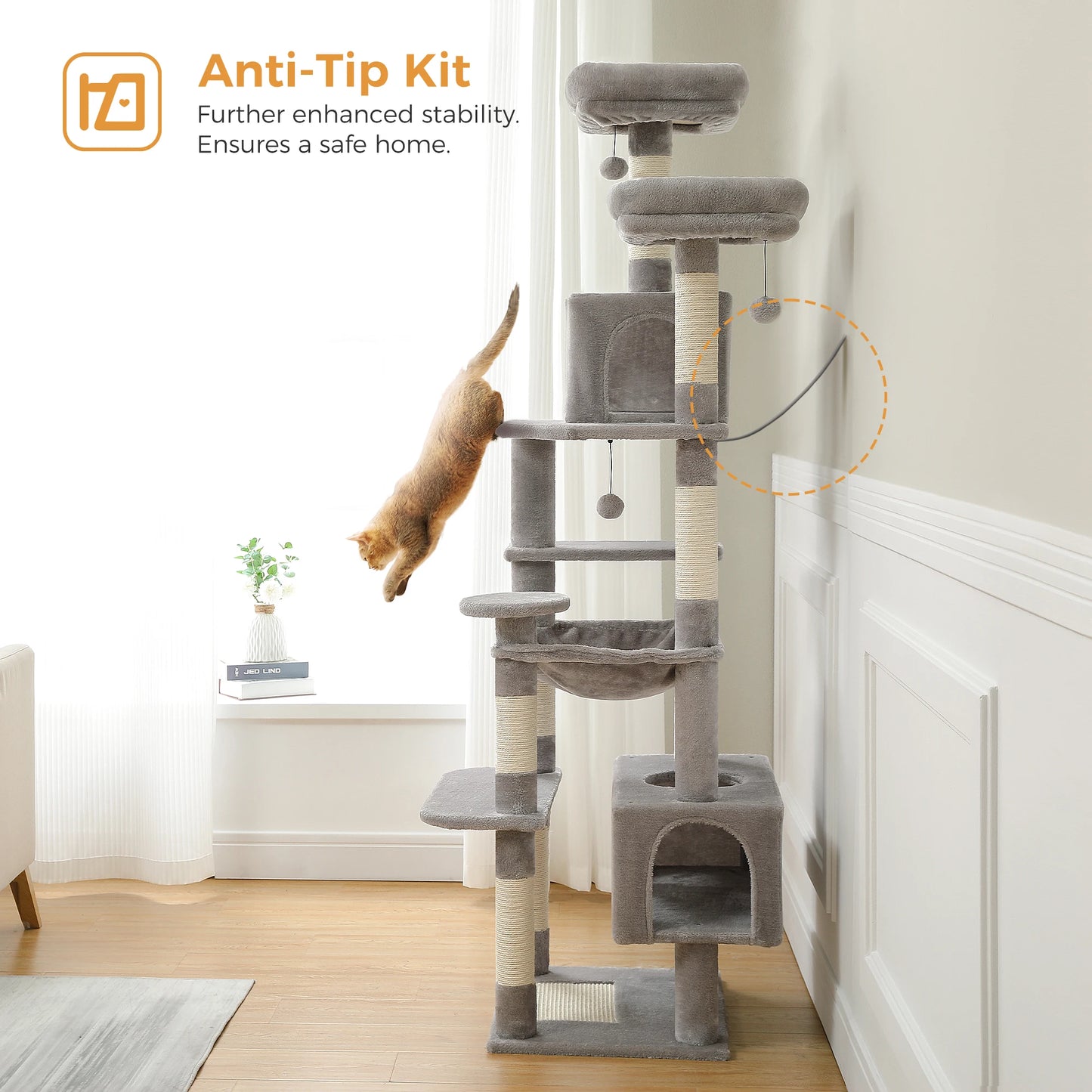 PAWZ Road „SkyLounge 184“ – XXL-Kratzbaum mit 8 Ebenen, Riesenhängematte/-bett, Sisalpfosten & Mega-Kuschelhöhle
