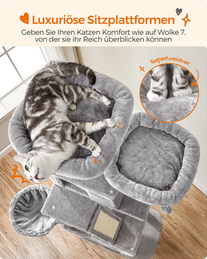 XXL-Kratzbaum/-bett mit 5 Ebenen, Höhlen, Hängematte & 13 Sisalstämmen für Mehrkatzenhaushalte