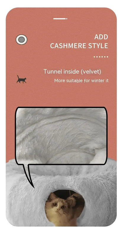 „SnuggleTunnel“ – Rundes Katzenbett mit integriertem Spieltunnel & waschbarem Kissen