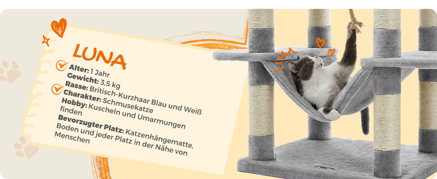 XXL-Kratzbaum/-bett mit 5 Ebenen, Höhlen, Hängematte & 13 Sisalstämmen für Mehrkatzenhaushalte