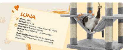 XXL-Kratzbaum/-bett mit 5 Ebenen, Höhlen, Hängematte & 13 Sisalstämmen für Mehrkatzenhaushalte